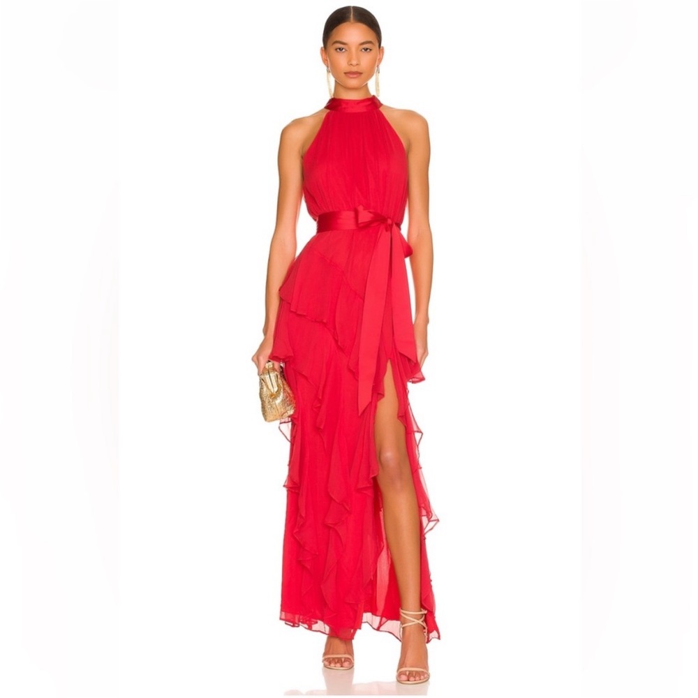 Alicia and Olivia Emelia Halter Dress in "Bright Poppy"